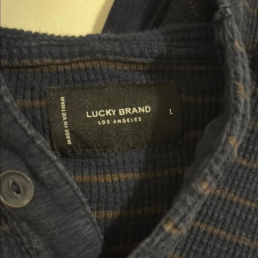 Lucky Brand Navy Thin-Stripe Long Sleeve Hooded Henley - Picture 2 of 6
